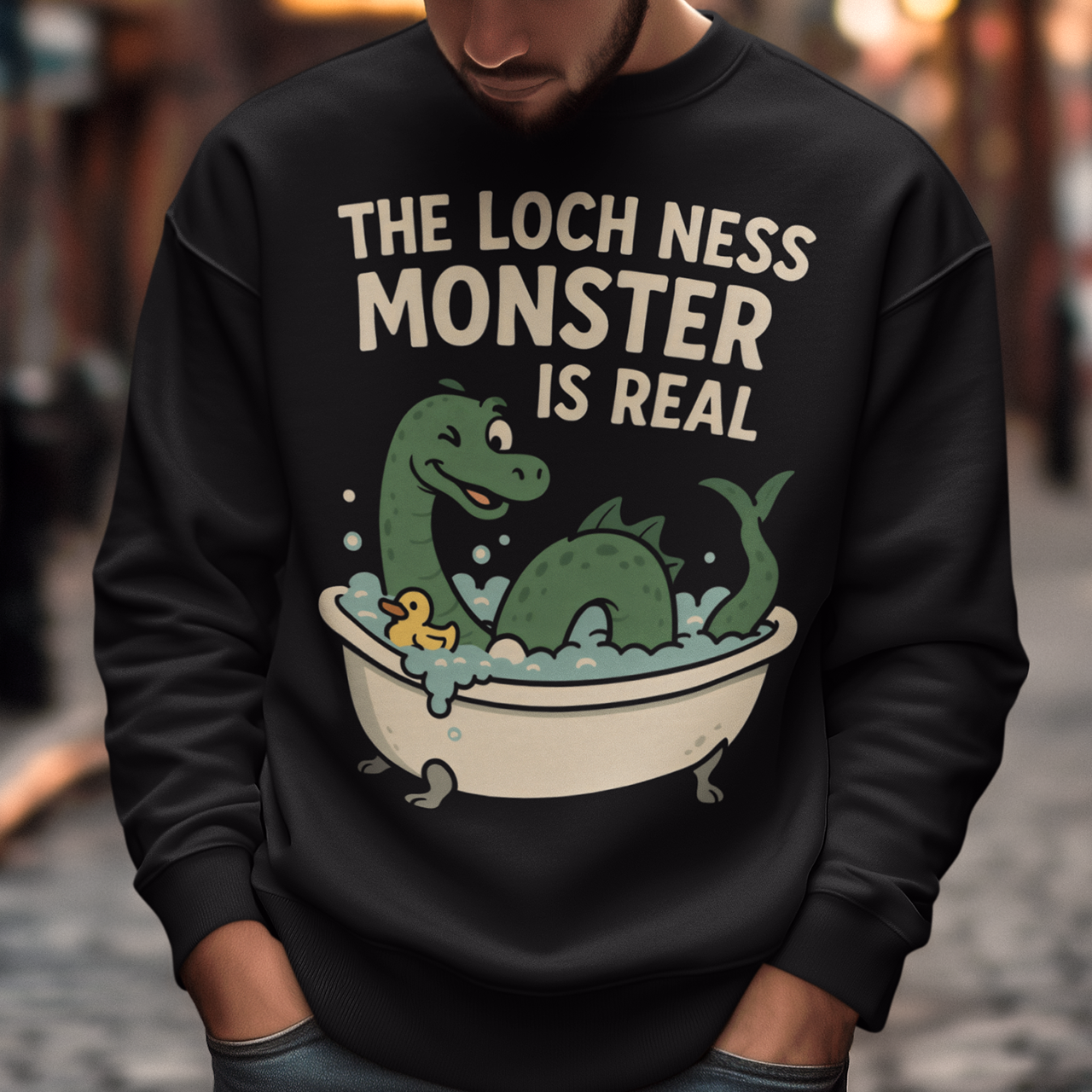 This black graphic sweatshirt puts a playful spin on legendary folklore with an adorable take on the Loch Ness Monster. Featuring a cheerful green Nessie splashing in a clawfoot bathtub with bubbles and a rubber duck, the design pairs cozy humor with cryptid charm. Bold lettering declares “The Loch Ness Monster Is Real,” delivering the punchline with confidence and a wink.