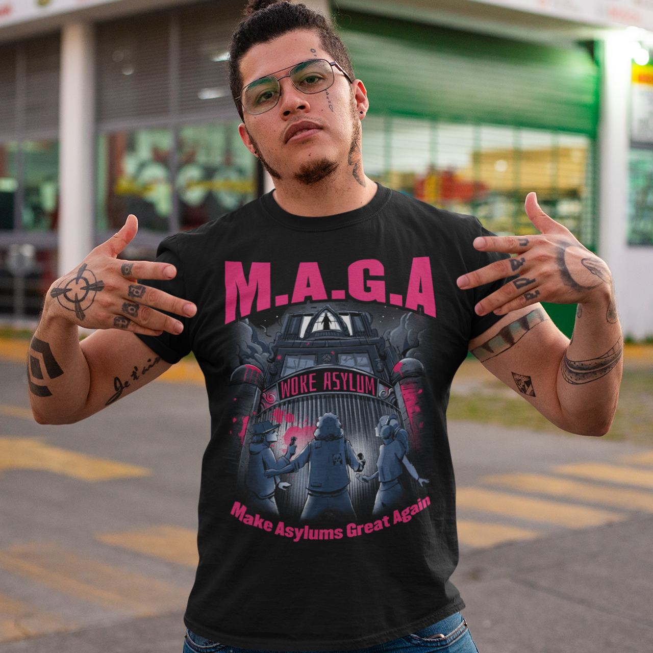 Black t-shirt of a woke asylum with text "MAGA MAKE ASYLUMS GREAT AGAIN".