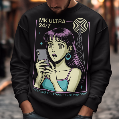 MK Ultra Sweatshirt - Conspiracy Theory Shirt - Mind Control Top - Funny Anime Gift. Step into a hypnotic, retro-futurist vibe with this MK Ultra–inspired sweatshirt, where vintage anime style meets eerie mind-control lore. The design features a wide-eyed character locked into her phone, spiral eyes hinting at digital trance, while a looming signal tower pulses overhead like a silent puppeteer. It’s equal parts nostalgic, unsettling, and irresistibly cool.