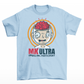 Light blue t-shirt of a person with brain showing with text below "MK ULTRA UNWILLING PARTICIPANT".