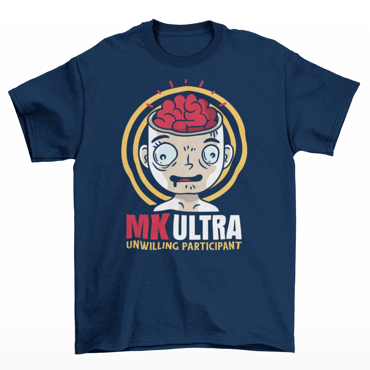 Navy t-shirt of a person with brain showing with text below "MK ULTRA UNWILLING PARTICIPANT".