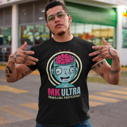 Unveil the enigmatic with our 'MK ULTRA UNWILLING PARTICIPANT' t-shirt! This design boldly features an intriguing graphic of a person with a visible brain, symbolizing the unseen complexities within. Beneath this thought-provoking image lies the impactful message, 'MK ULTRA UNWILLING PARTICIPANT,' a reminder of historical complexities and the exploration of human consciousness.