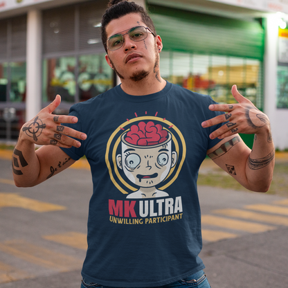 Unveil the enigmatic with our 'MK ULTRA UNWILLING PARTICIPANT' t-shirt! This design boldly features an intriguing graphic of a person with a visible brain, symbolizing the unseen complexities within. Beneath this thought-provoking image lies the impactful message, 'MK ULTRA UNWILLING PARTICIPANT,' a reminder of historical complexities and the exploration of human consciousness.