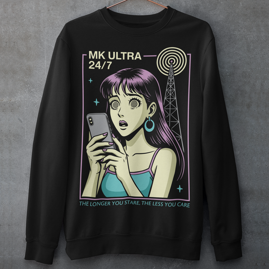 MK Ultra Sweatshirt - Conspiracy Theory Shirt - Mind Control Top - Funny Anime Gift. Step into a hypnotic, retro-futurist vibe with this MK Ultra–inspired sweatshirt, where vintage anime style meets eerie mind-control lore. The design features a wide-eyed character locked into her phone, spiral eyes hinting at digital trance, while a looming signal tower pulses overhead like a silent puppeteer. It’s equal parts nostalgic, unsettling, and irresistibly cool.