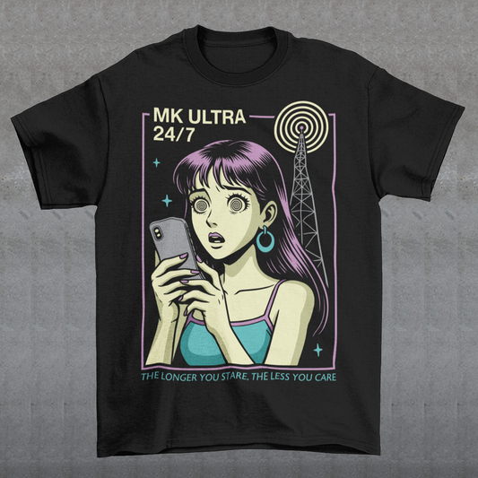 MK Ultra T-Shirt - Conspiracy Theory Shirt - Mind Control Tee - Funny Anime Gift. Step into a hypnotic, retro-futurist vibe with this MK Ultra–inspired t-shirt, where vintage anime style meets eerie mind-control lore. The design features a wide-eyed character locked into her phone, spiral eyes hinting at digital trance, while a looming signal tower pulses overhead like a silent puppeteer. It’s equal parts nostalgic, unsettling, and irresistibly cool.