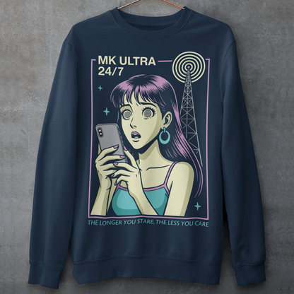 MK Ultra Sweatshirt - Conspiracy Theory Shirt - Mind Control Top - Funny Anime Gift. Step into a hypnotic, retro-futurist vibe with this MK Ultra–inspired sweatshirt, where vintage anime style meets eerie mind-control lore. The design features a wide-eyed character locked into her phone, spiral eyes hinting at digital trance, while a looming signal tower pulses overhead like a silent puppeteer. It’s equal parts nostalgic, unsettling, and irresistibly cool.