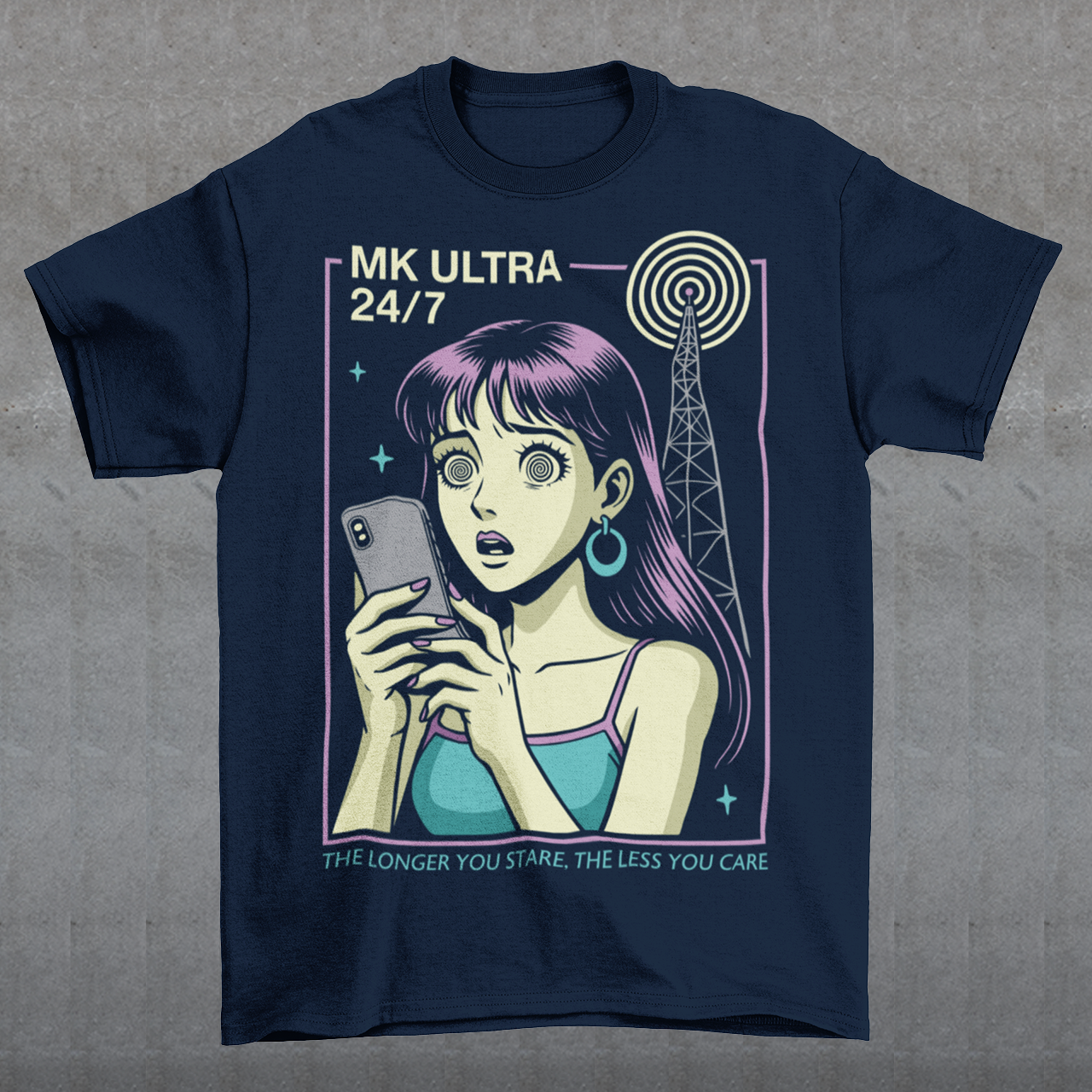 MK Ultra Sweatshirt - Conspiracy Theory Shirt - Mind Control Top - Funny Anime Gift. Step into a hypnotic, retro-futurist vibe with this MK Ultra–inspired sweatshirt, where vintage anime style meets eerie mind-control lore. The design features a wide-eyed character locked into her phone, spiral eyes hinting at digital trance, while a looming signal tower pulses overhead like a silent puppeteer. It’s equal parts nostalgic, unsettling, and irresistibly cool.