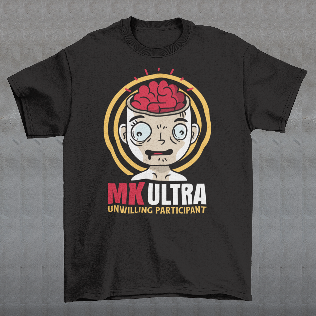 Unveil the enigmatic with our 'MK ULTRA UNWILLING PARTICIPANT' t-shirt! This design boldly features an intriguing graphic of a person with a visible brain, symbolizing the unseen complexities within. Beneath this thought-provoking image lies the impactful message, 'MK ULTRA UNWILLING PARTICIPANT,' a reminder of historical complexities and the exploration of human consciousness.