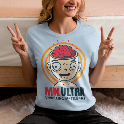 Unveil the enigmatic with our 'MK ULTRA UNWILLING PARTICIPANT' t-shirt! This design boldly features an intriguing graphic of a person with a visible brain, symbolizing the unseen complexities within. Beneath this thought-provoking image lies the impactful message, 'MK ULTRA UNWILLING PARTICIPANT,' a reminder of historical complexities and the exploration of human consciousness.