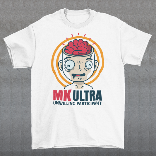 Unveil the enigmatic with our 'MK ULTRA UNWILLING PARTICIPANT' t-shirt! This design boldly features an intriguing graphic of a person with a visible brain, symbolizing the unseen complexities within. Beneath this thought-provoking image lies the impactful message, 'MK ULTRA UNWILLING PARTICIPANT,' a reminder of historical complexities and the exploration of human consciousness.