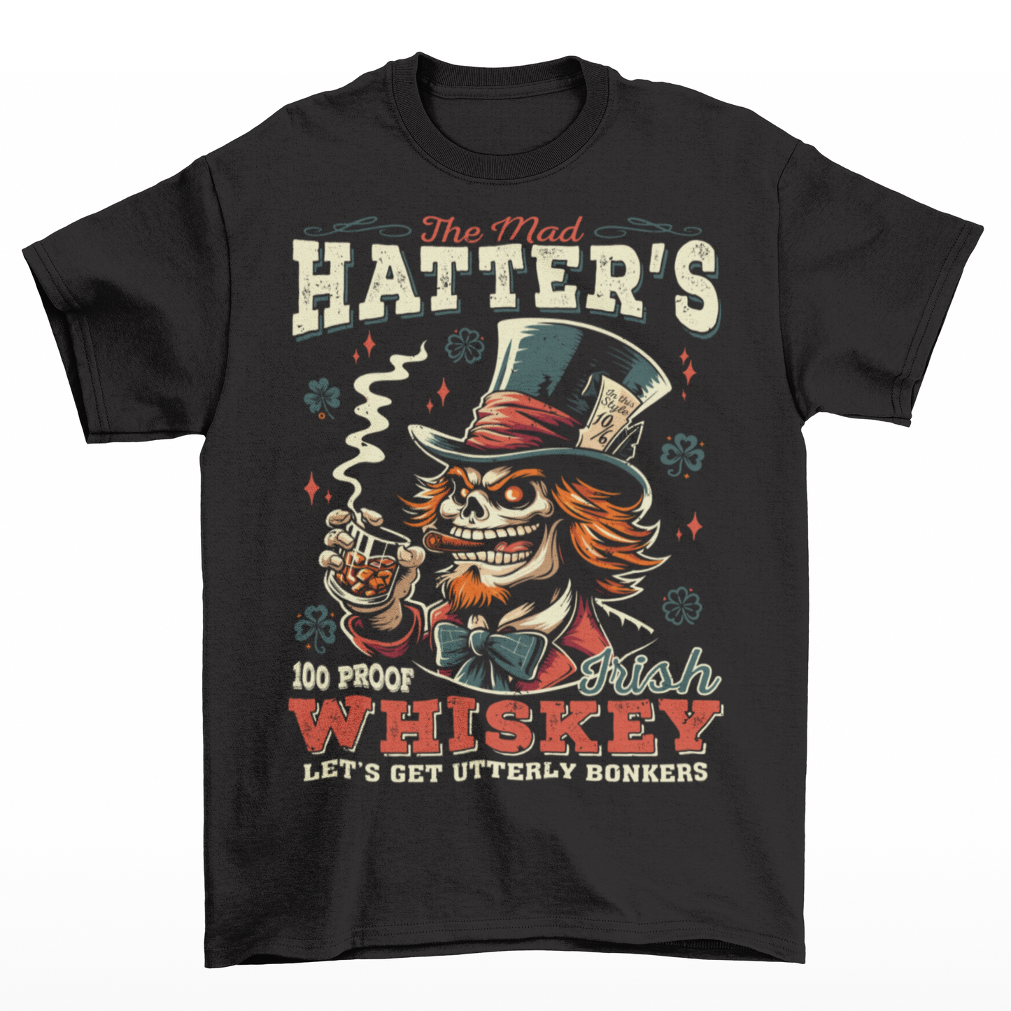 Black t-shirt of the mad hatter with text THE MAD HATTER IRISH WHISKEY.