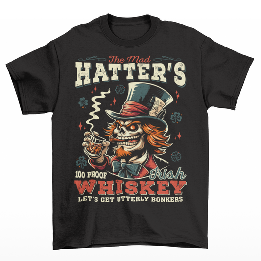 Black t-shirt of the mad hatter with text THE MAD HATTER IRISH WHISKEY.