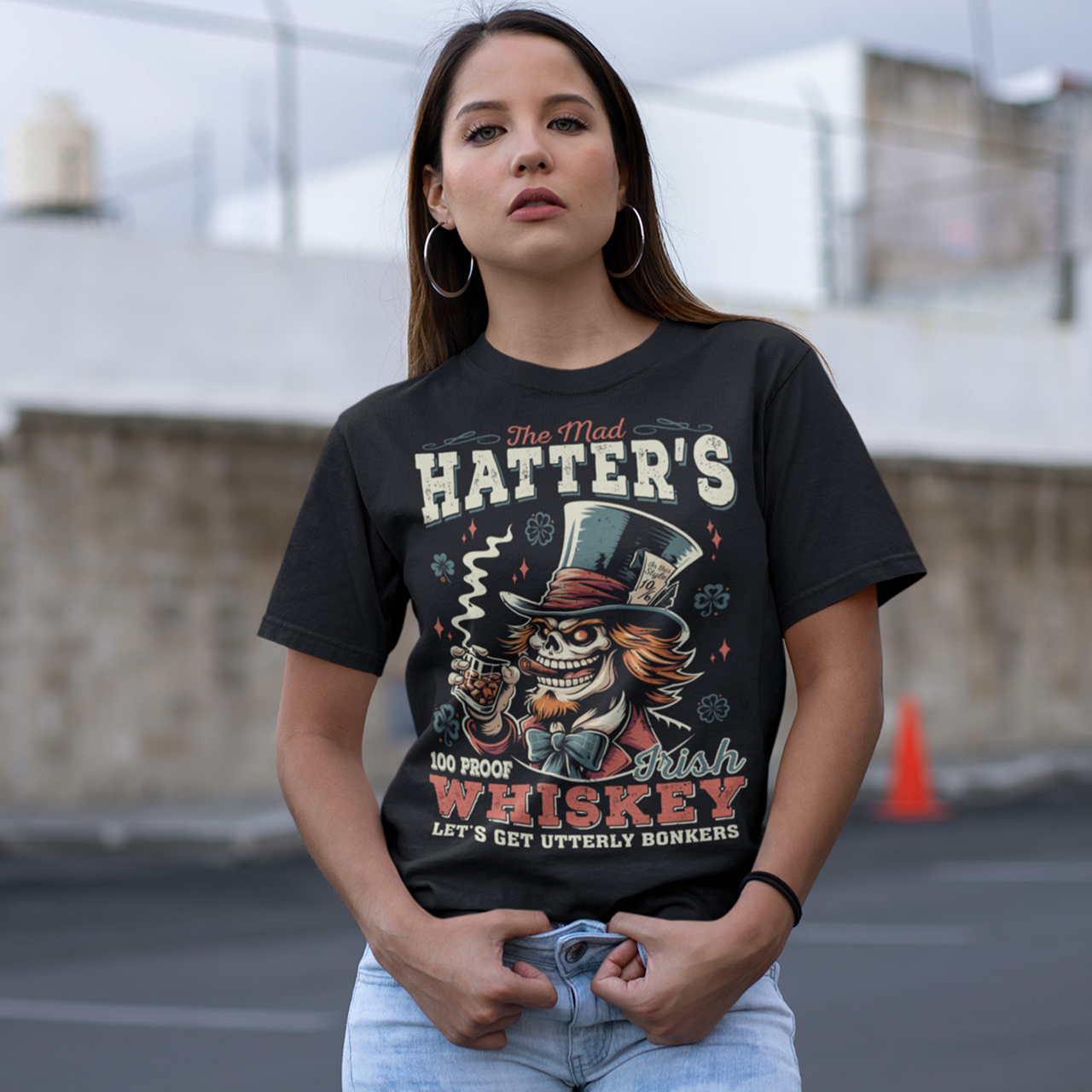 Black t-shirt of the mad hatter with text THE MAD HATTER IRISH WHISKEY.