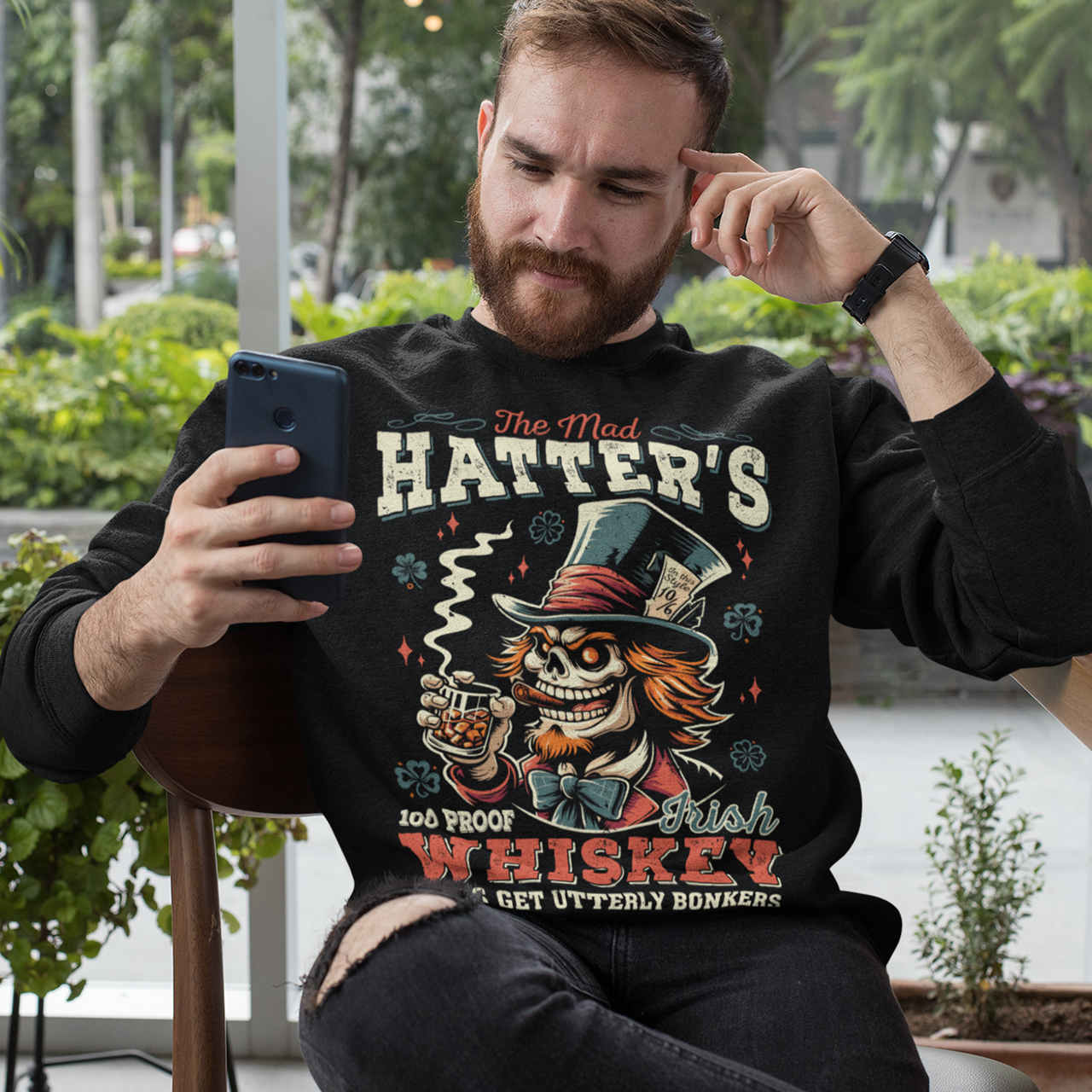 Black sweatshirt of the mad hatter with text THE MAD HATTER IRISH WHISKEY.