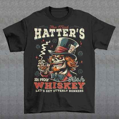 Get ready to add a touch of whimsical madness to your wardrobe with "The Mad Hatter Irish Whiskey" t-shirt! Inspired by the iconic character from Lewis Carroll's "Alice's Adventures in Wonderland," this shirt features a vibrant illustration of the Mad Hatter, complete with his signature top hat and mischievous grin. With intricate detailing and vivid colors, it captures the essence of Wonderland's eccentric tea party host.