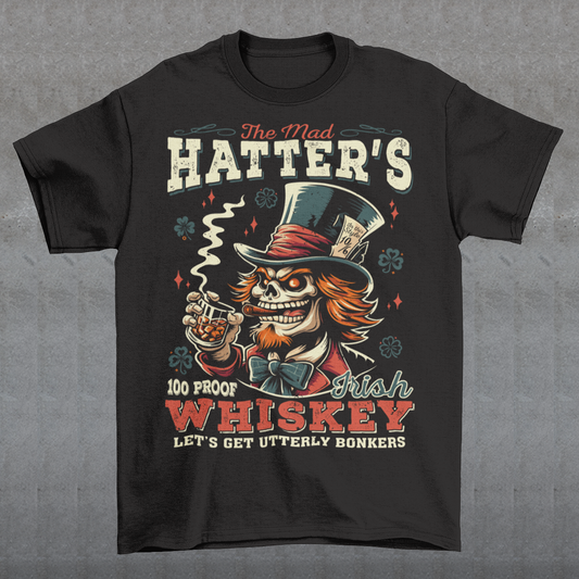 Get ready to add a touch of whimsical madness to your wardrobe with "The Mad Hatter Irish Whiskey" t-shirt! Inspired by the iconic character from Lewis Carroll's "Alice's Adventures in Wonderland," this shirt features a vibrant illustration of the Mad Hatter, complete with his signature top hat and mischievous grin. With intricate detailing and vivid colors, it captures the essence of Wonderland's eccentric tea party host.