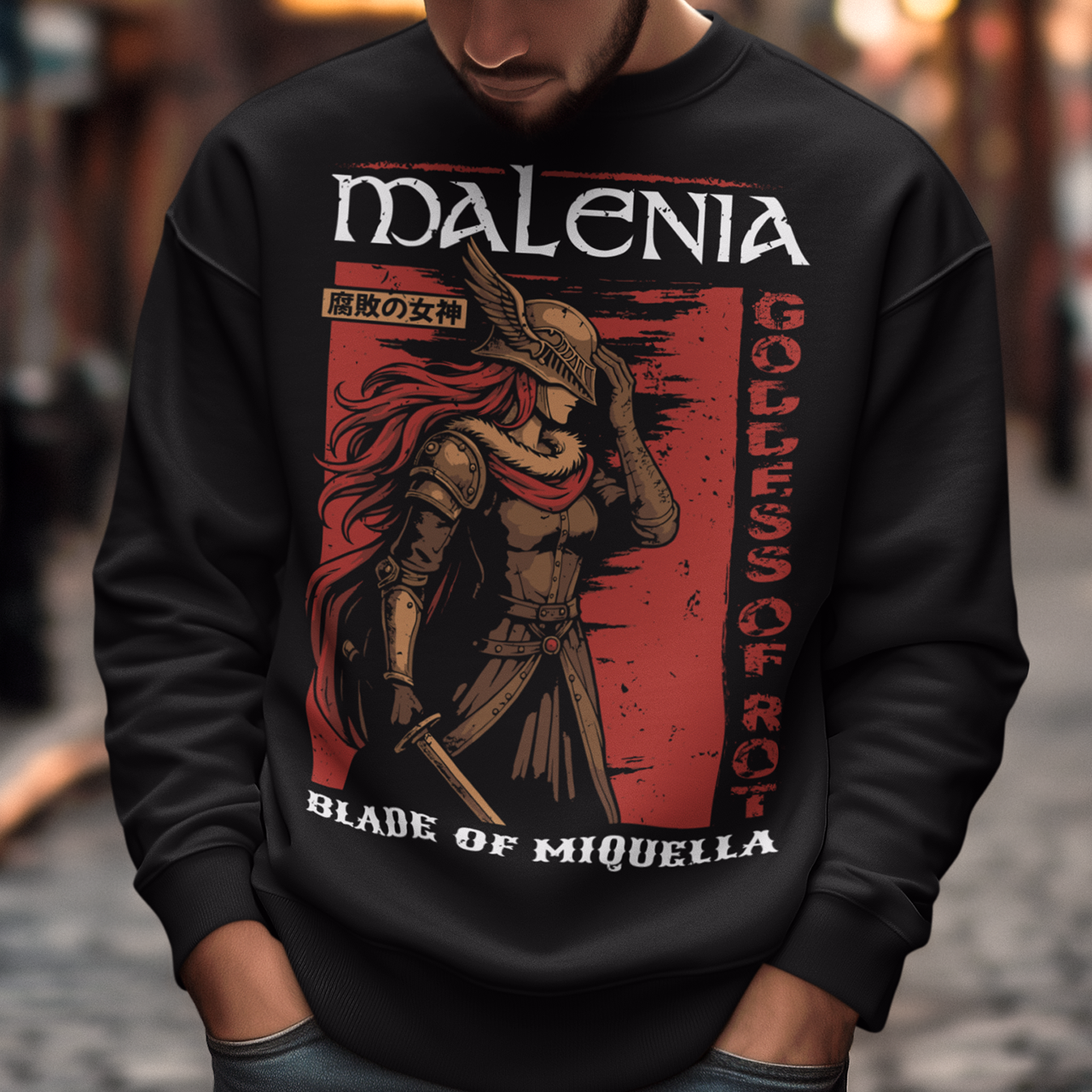 Show your strength and style with this bold Malenia, Goddess of Rot sweatshirt. Featuring stunning artwork of the legendary warrior with her iconic red hair and golden armor, this design captures her fierce and elegant power. Perfect for gamers, fantasy lovers, and fans of epic boss battles, this shirt combines dark aesthetic tones with a vintage Japanese poster vibe. A must-have collectible tee for anyone who respects the Blade of Miquella.