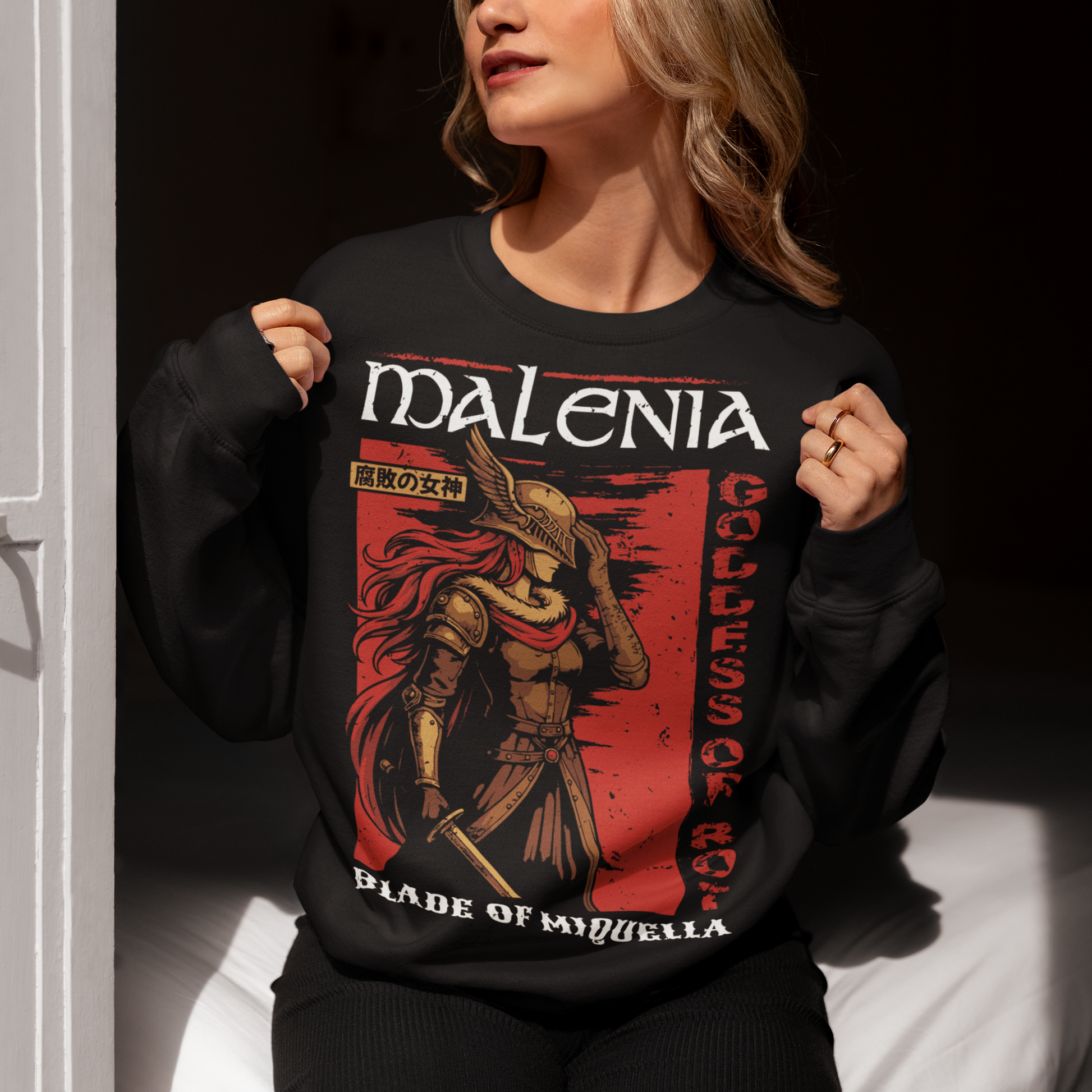Show your strength and style with this bold Malenia, Goddess of Rot sweatshirt. Featuring stunning artwork of the legendary warrior with her iconic red hair and golden armor, this design captures her fierce and elegant power. Perfect for gamers, fantasy lovers, and fans of epic boss battles, this shirt combines dark aesthetic tones with a vintage Japanese poster vibe. A must-have collectible tee for anyone who respects the Blade of Miquella.