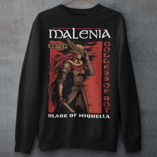 Show your strength and style with this bold Malenia, Goddess of Rot sweatshirt. Featuring stunning artwork of the legendary warrior with her iconic red hair and golden armor, this design captures her fierce and elegant power. Perfect for gamers, fantasy lovers, and fans of epic boss battles, this shirt combines dark aesthetic tones with a vintage Japanese poster vibe. A must-have collectible tee for anyone who respects the Blade of Miquella.