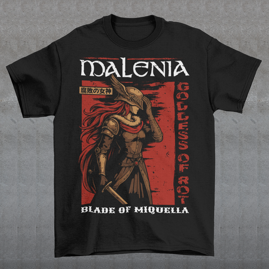 Show your strength and style with this bold Malenia, Goddess of Rot t-shirt. Featuring stunning artwork of the legendary warrior with her iconic red hair and golden armor, this design captures her fierce and elegant power. Perfect for gamers, fantasy lovers, and fans of epic boss battles, this shirt combines dark aesthetic tones with a vintage Japanese poster vibe. A must-have collectible tee for anyone who respects the Blade of Miquella.