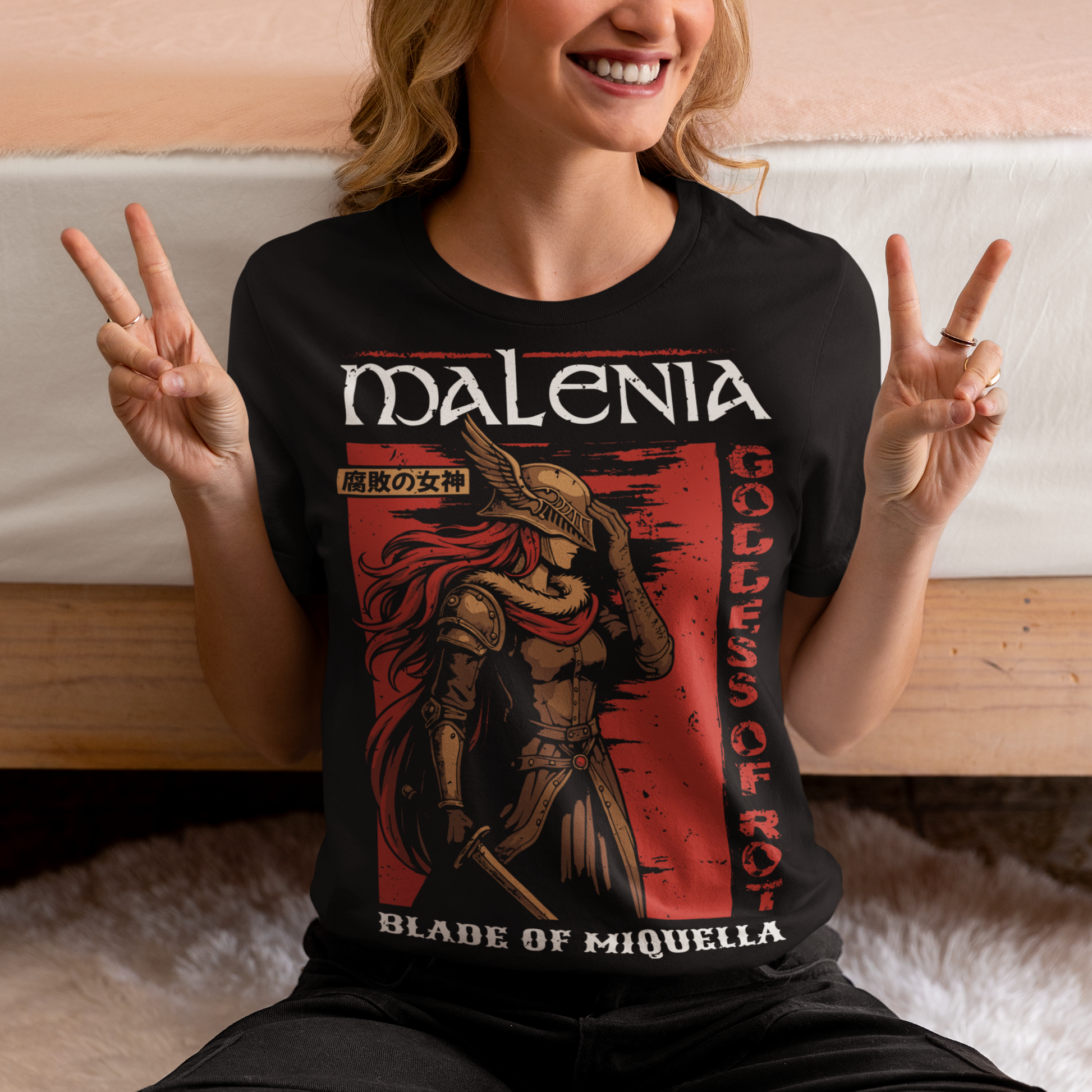 Show your strength and style with this bold Malenia, Goddess of Rot t-shirt. Featuring stunning artwork of the legendary warrior with her iconic red hair and golden armor, this design captures her fierce and elegant power. Perfect for gamers, fantasy lovers, and fans of epic boss battles, this shirt combines dark aesthetic tones with a vintage Japanese poster vibe. A must-have collectible tee for anyone who respects the Blade of Miquella.