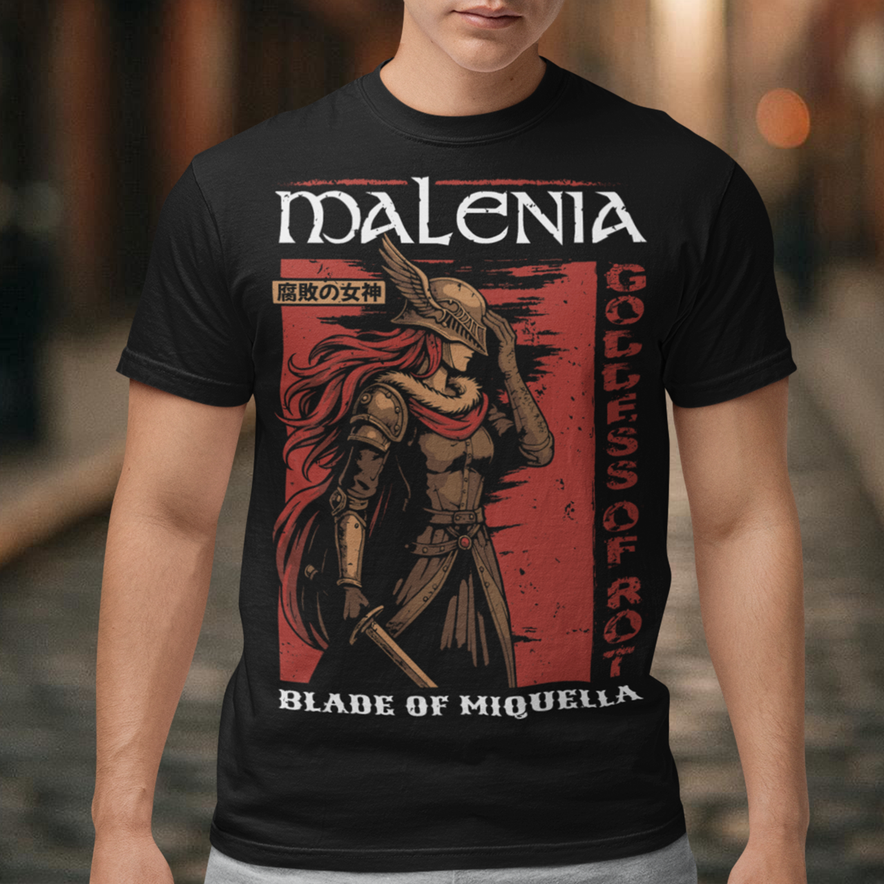 Show your strength and style with this bold Malenia, Goddess of Rot t-shirt. Featuring stunning artwork of the legendary warrior with her iconic red hair and golden armor, this design captures her fierce and elegant power. Perfect for gamers, fantasy lovers, and fans of epic boss battles, this shirt combines dark aesthetic tones with a vintage Japanese poster vibe. A must-have collectible tee for anyone who respects the Blade of Miquella.
