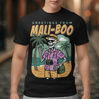 Bring spooky vibes to the sunshine with our “Greetings from Mali-Boo” Skeleton Tee. Featuring a laid-back skeleton kicking back on the beach, this shirt blends Halloween humor with tropical holiday fun. Perfect for anyone who loves a good pun, it’s a playful mash-up of palm trees, sandy shores, and ghostly charm. Lightweight, soft, and eye-catching, this tee is your go-to for summer parties, Halloween hangouts, or just showing off your wicked sense of humor.