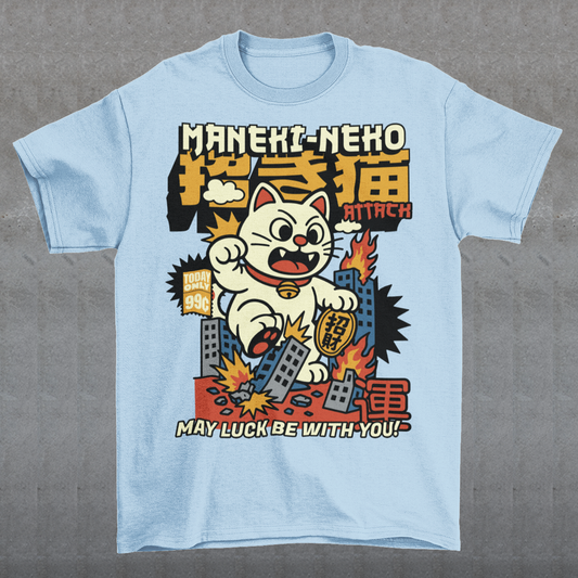 Unleash feline fury with this eye-catching "MANEKI-NEKO ATTACK" t-shirt! Featuring a giant, rampaging Lucky Cat towering over a city skyline, this design puts a wild twist on the traditional symbol of good fortune. With one paw raised and destruction in its wake, the Maneki-Neko trades charm for chaos—smashing buildings while still sporting that iconic golden bell. Bold, stylized lettering screams "MANEKI-NEKO ATTACK" across the top, giving the shirt a retro kaiju-meets-pop-art vibe. Perfect for fans of Jap