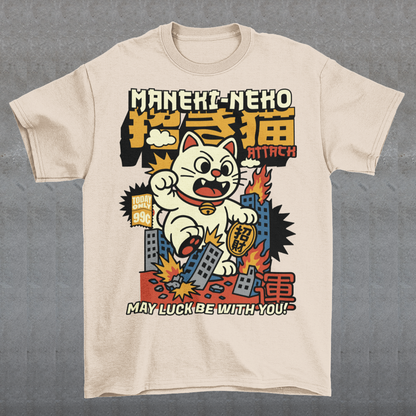 Unleash feline fury with this eye-catching "MANEKI-NEKO ATTACK" t-shirt! Featuring a giant, rampaging Lucky Cat towering over a city skyline, this design puts a wild twist on the traditional symbol of good fortune. With one paw raised and destruction in its wake, the Maneki-Neko trades charm for chaos—smashing buildings while still sporting that iconic golden bell. Bold, stylized lettering screams "MANEKI-NEKO ATTACK" across the top, giving the shirt a retro kaiju-meets-pop-art vibe. Perfect for fans of Jap