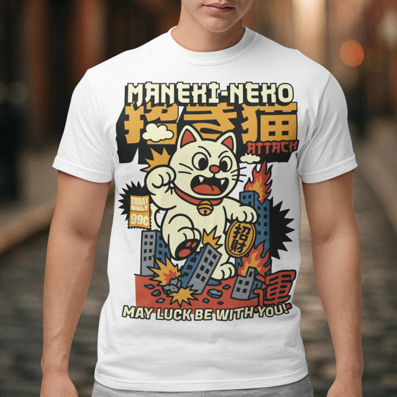 Unleash feline fury with this eye-catching "MANEKI-NEKO ATTACK" t-shirt! Featuring a giant, rampaging Lucky Cat towering over a city skyline, this design puts a wild twist on the traditional symbol of good fortune. With one paw raised and destruction in its wake, the Maneki-Neko trades charm for chaos—smashing buildings while still sporting that iconic golden bell. Bold, stylized lettering screams "MANEKI-NEKO ATTACK" across the top, giving the shirt a retro kaiju-meets-pop-art vibe.