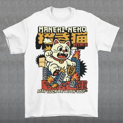 Unleash feline fury with this eye-catching "MANEKI-NEKO ATTACK" t-shirt! Featuring a giant, rampaging Lucky Cat towering over a city skyline, this design puts a wild twist on the traditional symbol of good fortune. With one paw raised and destruction in its wake, the Maneki-Neko trades charm for chaos—smashing buildings while still sporting that iconic golden bell. Bold, stylized lettering screams "MANEKI-NEKO ATTACK" across the top, giving the shirt a retro kaiju-meets-pop-art vibe. Perfect for fans of Jap