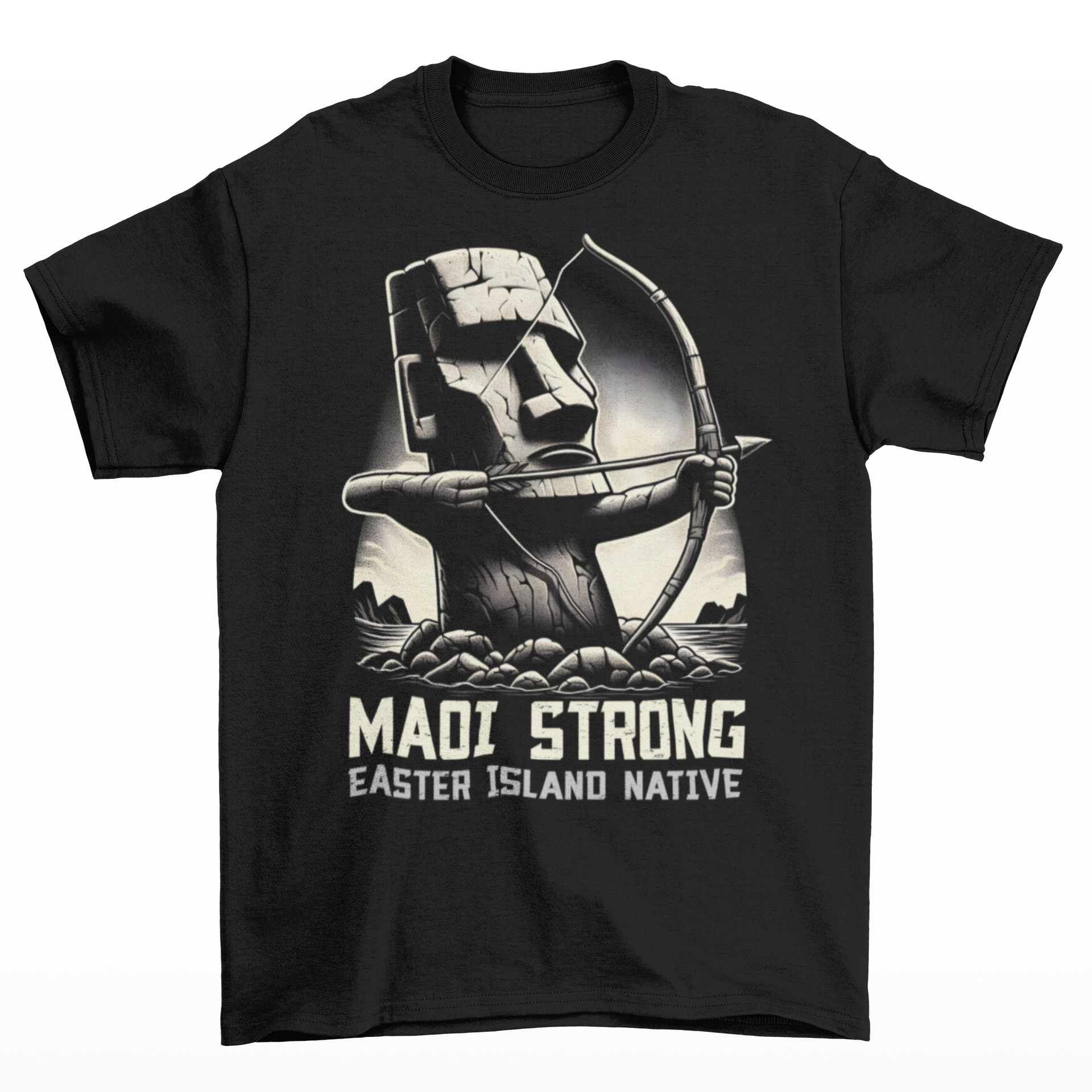 Black t-shirt of a Maoi statue with a bow and arrow on Easter Island with text underneath "MAOI STRONG EASTER ISLAND NATIVE."