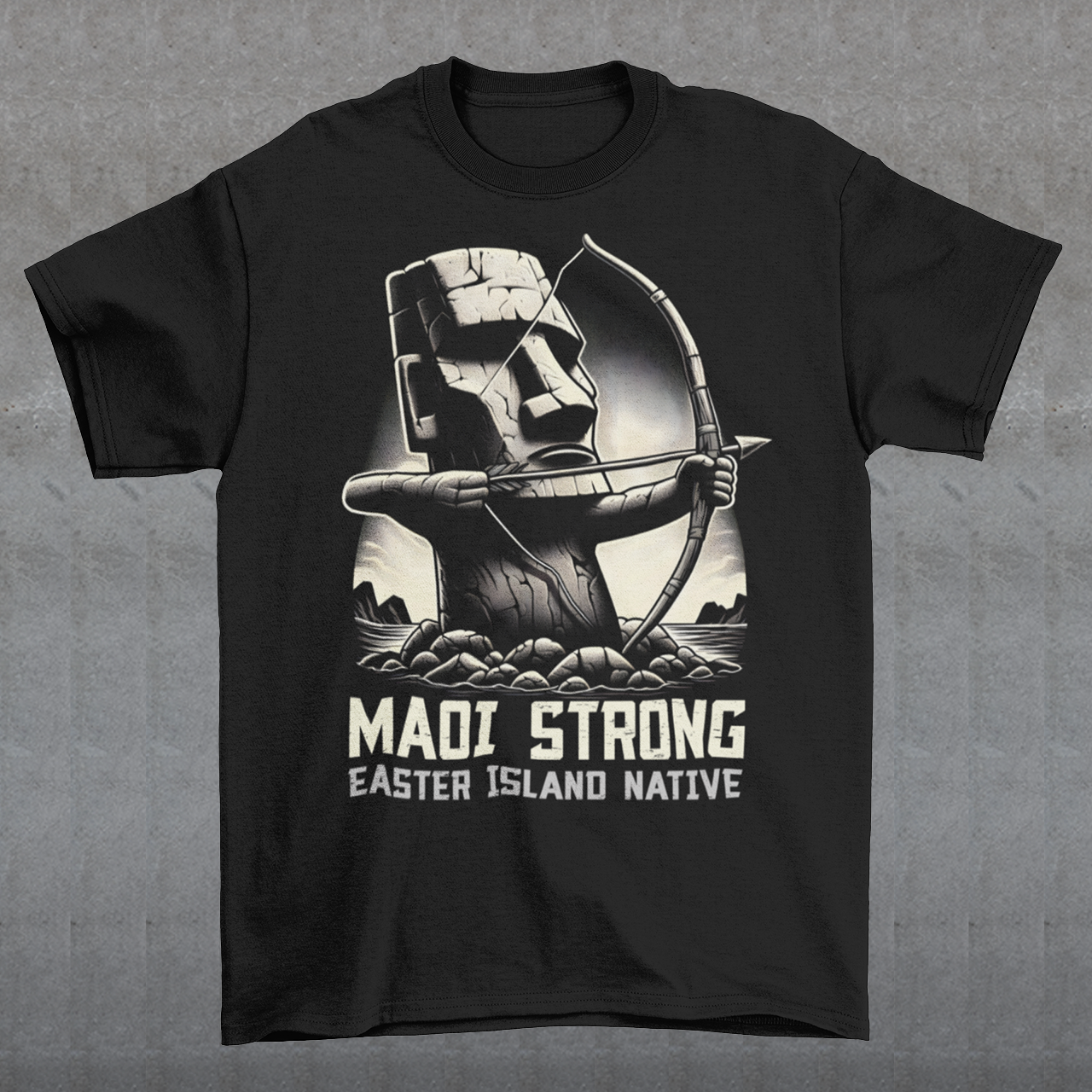 This bold t-shirt design features a dynamic illustration of a Moai statue, iconic to Easter Island, standing tall and proud. The Moai is depicted holding a bow and arrow, The statue is detailed with strong, angular lines and stone textures, giving it an authentic yet artistic appearance. Beneath the striking image, the text reads in bold, capitalized letters: "MAOI STRONG EASTER ISLAND NATIVE."symbolizing strength and resilience.