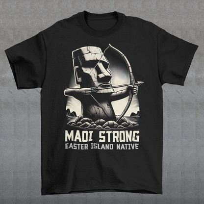 This bold t-shirt design features a dynamic illustration of a Moai statue, iconic to Easter Island, standing tall and proud. The Moai is depicted holding a bow and arrow, The statue is detailed with strong, angular lines and stone textures, giving it an authentic yet artistic appearance. Beneath the striking image, the text reads in bold, capitalized letters: "MAOI STRONG EASTER ISLAND NATIVE."symbolizing strength and resilience.