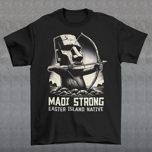 This bold t-shirt design features a dynamic illustration of a Moai statue, iconic to Easter Island, standing tall and proud. The Moai is depicted holding a bow and arrow, The statue is detailed with strong, angular lines and stone textures, giving it an authentic yet artistic appearance. Beneath the striking image, the text reads in bold, capitalized letters: "MAOI STRONG EASTER ISLAND NATIVE."symbolizing strength and resilience.