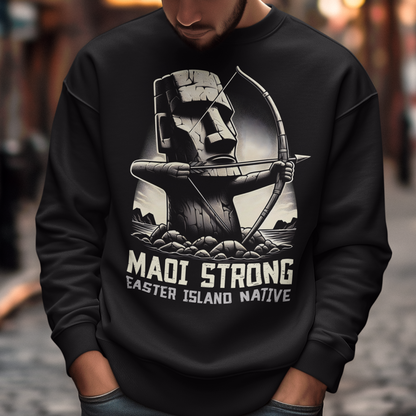 This bold sweatshirt design features a dynamic illustration of a Moai statue, iconic to Easter Island, standing tall and proud. The Moai is depicted holding a bow and arrow, symbolizing strength and resilience. The statue is detailed with strong, angular lines and stone textures, giving it an authentic yet artistic appearance. Beneath the striking image, the text reads in bold, capitalized letters: "MAOI STRONG EASTER ISLAND NATIVE."