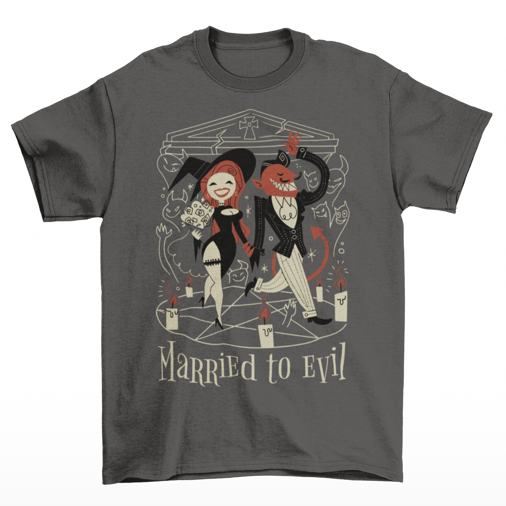 Asphalt t-shirt with the devil marrying a witch on a pentagram with text "MARRIED TO EVIL".