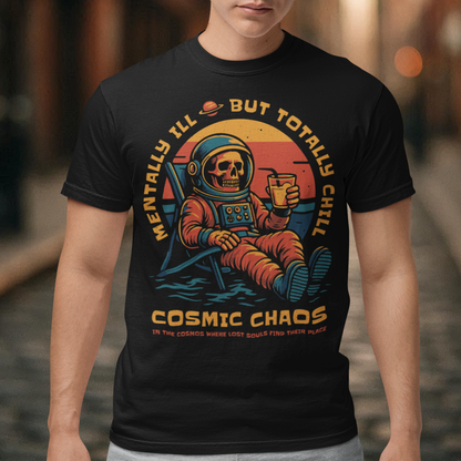 This black graphic tee features a laid-back skeleton astronaut floating in cosmic calm, drink in hand, as the universe quietly burns behind him. Bold retro colors and sunset tones frame the scene, while the phrase “Mentally Ill But Totally Chill” wraps the design with dark humor and self-aware wit. Anchored by the tagline Cosmic Chaos, it feels like a space-age postcard from the edge of existence.