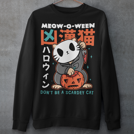 Unleash spooky-cute vibes with our Japanese Horror Cat Sweatshirt! Featuring a chilling yet playful design, this shirt showcases a wide-eyed, horror cat inspired by Japanese art styles. Above the cat, bold text reads “MEOW-O-WEEN”, while below it warns “DON’T BE A SCAREDY CAT”—perfect for Halloween lovers with a dark sense of humor. Made from soft, breathable cotton, this shirt is ideal for parties, trick-or-treating, or just showing off your love for horror and cats all year round.