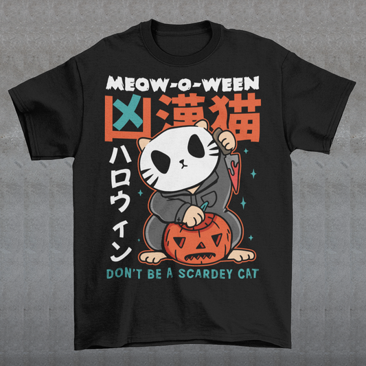Unleash spooky-cute vibes with our Japanese Horror Cat T-Shirt! Featuring a chilling yet playful design, this shirt showcases a wide-eyed, horror cat inspired by Japanese art styles. Above the cat, bold text reads “MEOW-O-WEEN”, while below it warns “DON’T BE A SCAREDY CAT”—perfect for Halloween lovers with a dark sense of humor. Made from soft, breathable cotton, this shirt is ideal for parties, trick-or-treating, or just showing off your love for horror and cats all year round.