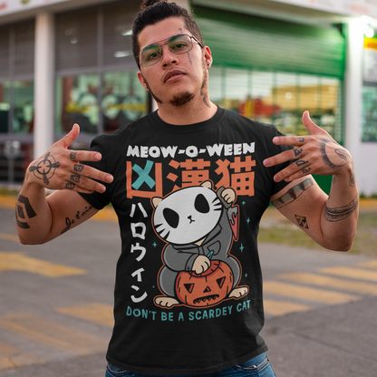 Unleash spooky-cute vibes with our Japanese Horror Cat T-Shirt! Featuring a chilling yet playful design, this shirt showcases a wide-eyed, horror cat inspired by Japanese art styles. Above the cat, bold text reads “MEOW-O-WEEN”, while below it warns “DON’T BE A SCAREDY CAT”—perfect for Halloween lovers with a dark sense of humor. Made from soft, breathable cotton, this shirt is ideal for parties, trick-or-treating, or just showing off your love for horror and cats all year round.