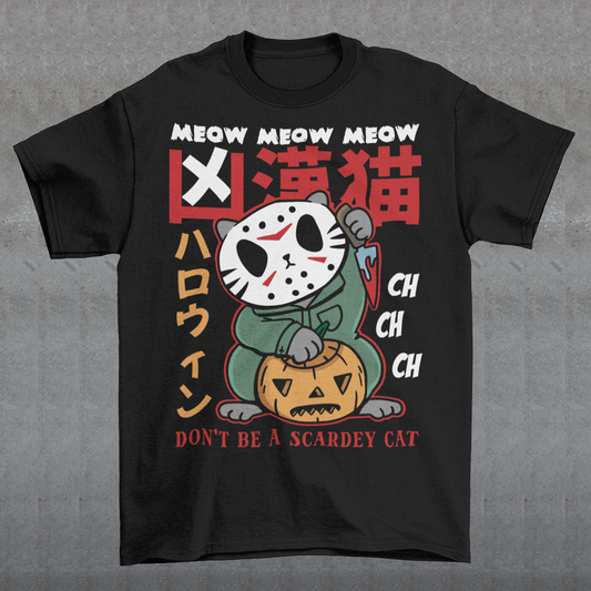 Unleash spooky-cute vibes with our Japanese Horror Cat T-Shirt! Featuring a chilling yet playful design, this shirt showcases a wide-eyed, horror cat inspired by Japanese art styles. Above the cat, bold text reads “MEOW MEOW MEOW CH CH CH”, while below it warns “DON’T BE A SCAREDY CAT”—perfect for Halloween lovers with a dark sense of humor. Made from soft, breathable cotton, this shirt is ideal for parties, trick-or-treating, or just showing off your love for horror and cats all year round.
