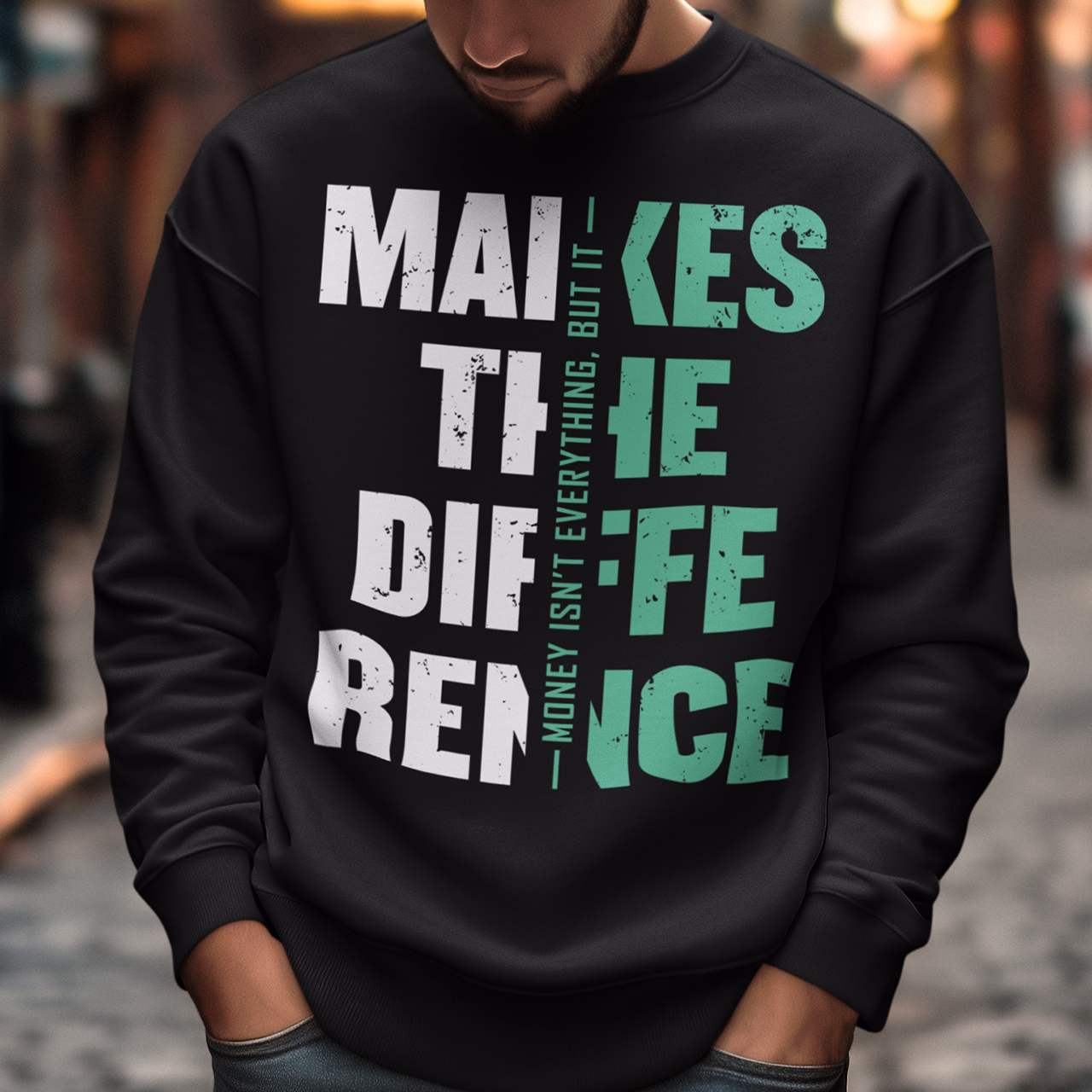 Make a bold statement with this “Money Isn’t Everything, But It Makes the Difference” sweatshirt — perfect for hustlers, dreamers, and go-getters who know the value of hard work. Featuring a striking distressed typography design in bold white and teal on a sleek black background, this shirt blends motivation with modern streetwear style. Whether you’re building your empire or just love a powerful quote tee, this shirt keeps your mindset and style on point.