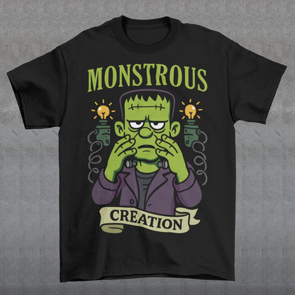 Monstrous creation t-shirt - Frankenstein shirt. Bring a spark of classic horror to your wardrobe with this bold “Monstrous Creation” t-shirt. Featuring a grumpy, stitched-up Frankenstein brought to life in a playful cartoon style, this design is a fun tribute to vintage horror with a modern, humorous twist. Surrounded by crackling energy and glowing lab elements, the character captures that iconic “it’s alive!” moment, but with a perfectly unimpressed expression that steals the show.