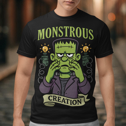 Monstrous creation t-shirt - Frankenstein shirt. Bring a spark of classic horror to your wardrobe with this bold “Monstrous Creation” t-shirt. Featuring a grumpy, stitched-up Frankenstein brought to life in a playful cartoon style, this design is a fun tribute to vintage horror with a modern, humorous twist. Surrounded by crackling energy and glowing lab elements, the character captures that iconic “it’s alive!” moment, but with a perfectly unimpressed expression that steals the show.