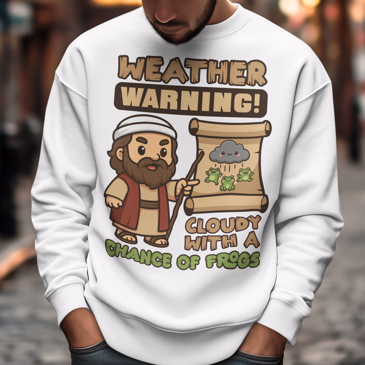 White sweatshirt featuring a cute cartoon Moses pointing at a weather scroll that shows a smiling rain cloud and falling frogs. The text reads “Weather Warning! Cloudy With a Chance of Frogs.” The design uses playful retro colors with funny biblical humor inspired by the plague of frogs story.