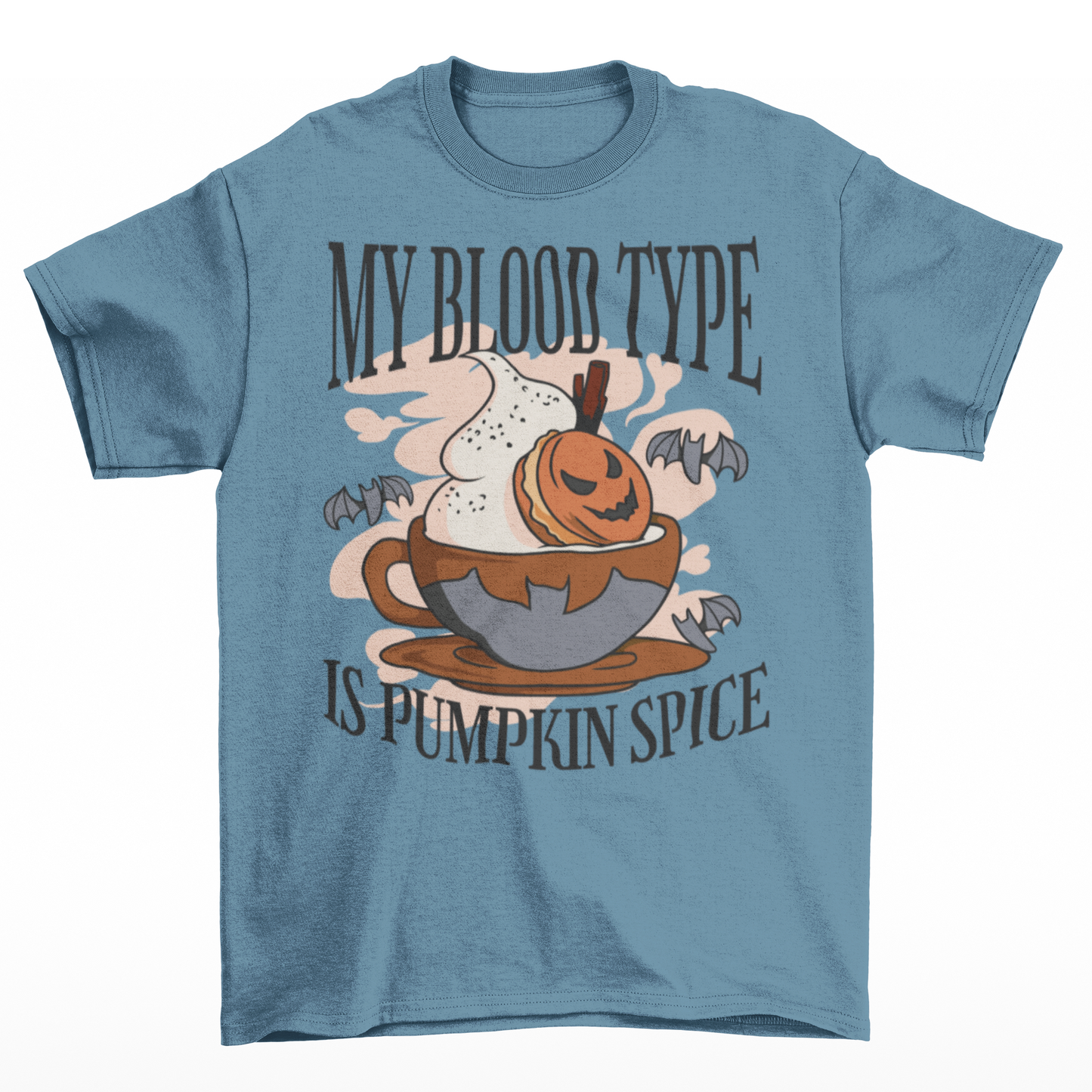 Steel Blue t-shirt of a pumpkin spice latte surrounded by 3 bats with text MY BLOOD TYPE IS PUMPKIN SPICE.