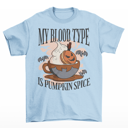 Light blue t-shirt of a pumpkin spice latte surrounded by 3 bats with text MY BLOOD TYPE IS PUMPKIN SPICE.