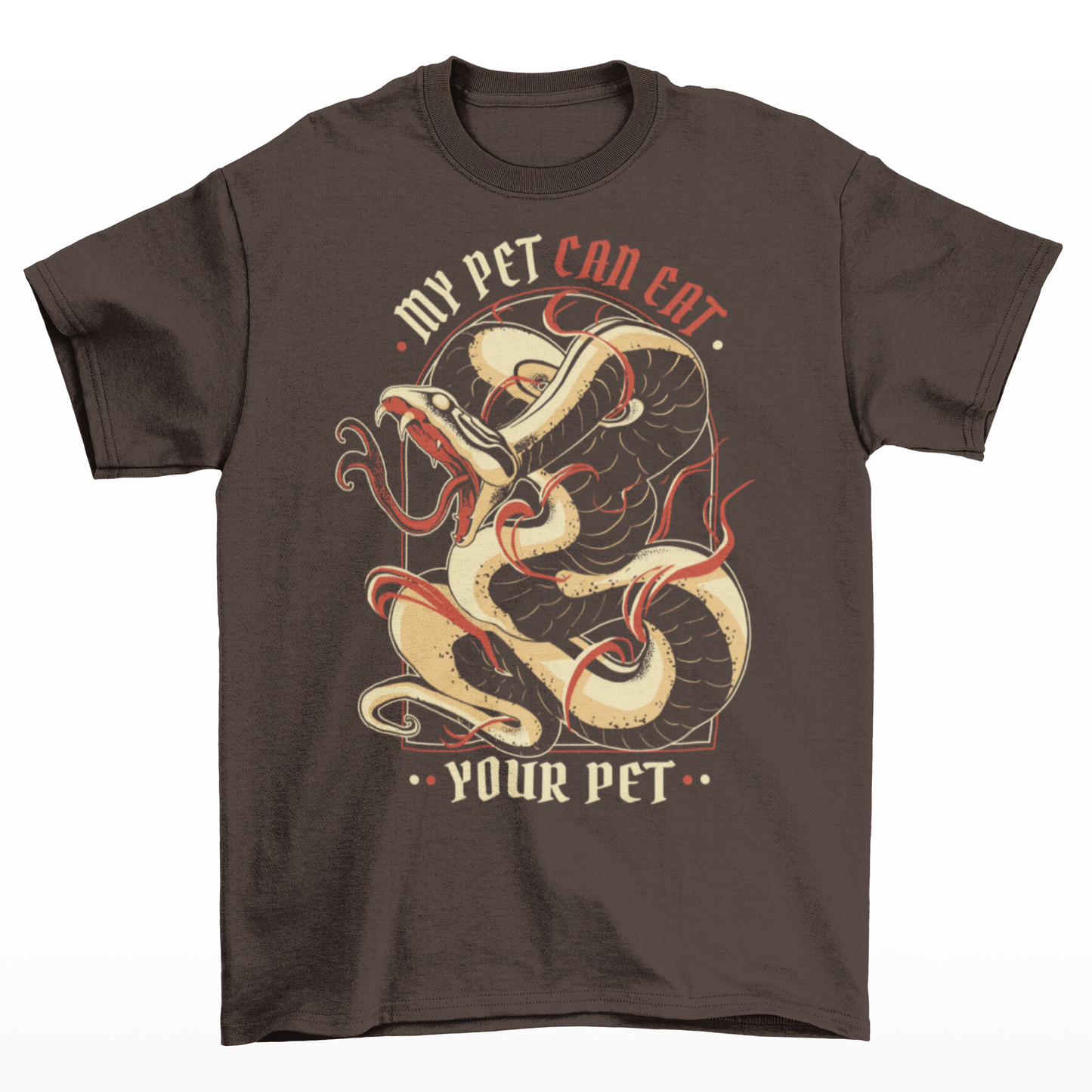 Brown t-shirt featuring a snake  with text  "MY PET CAN EAT YOUR PET".