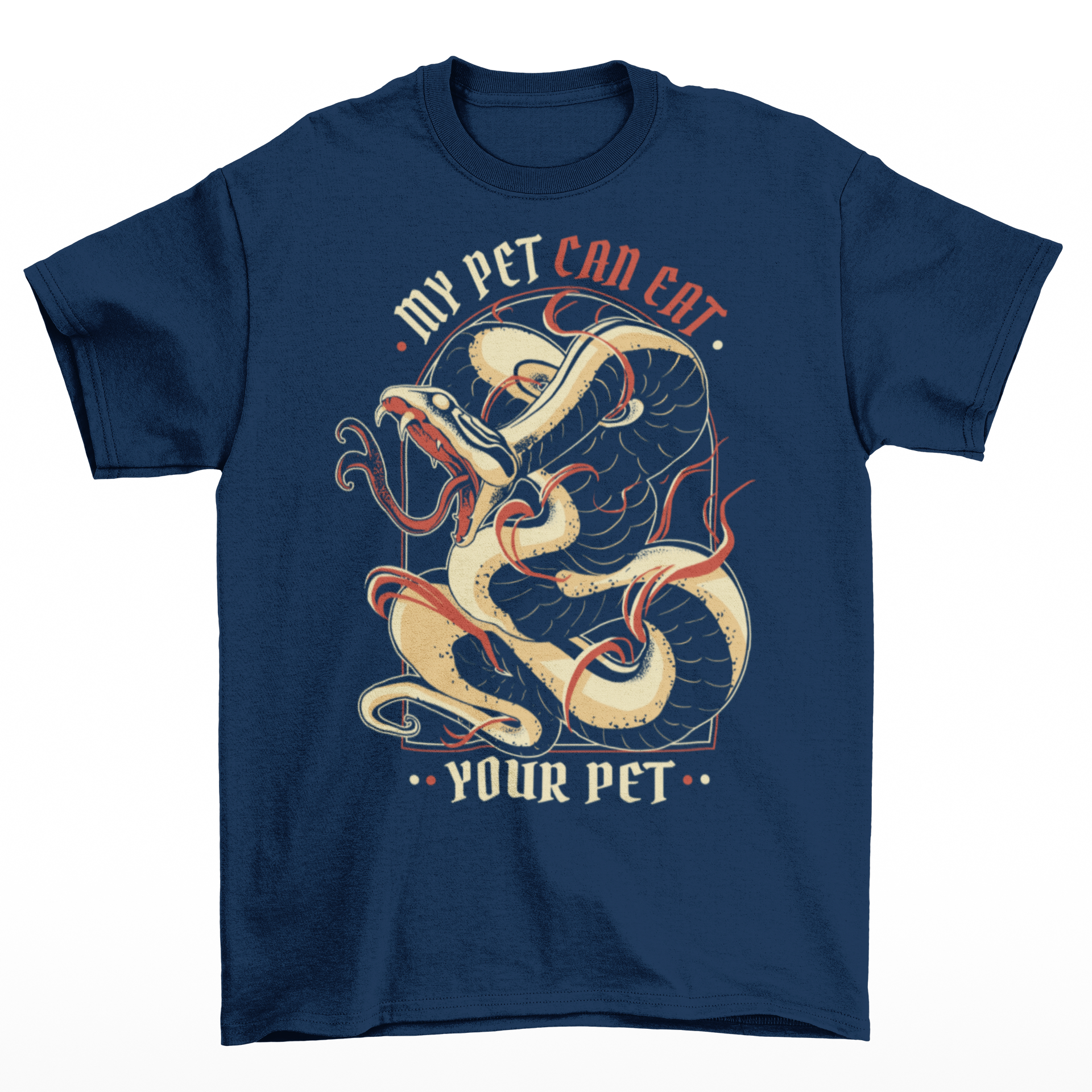 Navy t-shirt featuring a snake  with text  "MY PET CAN EAT YOUR PET".